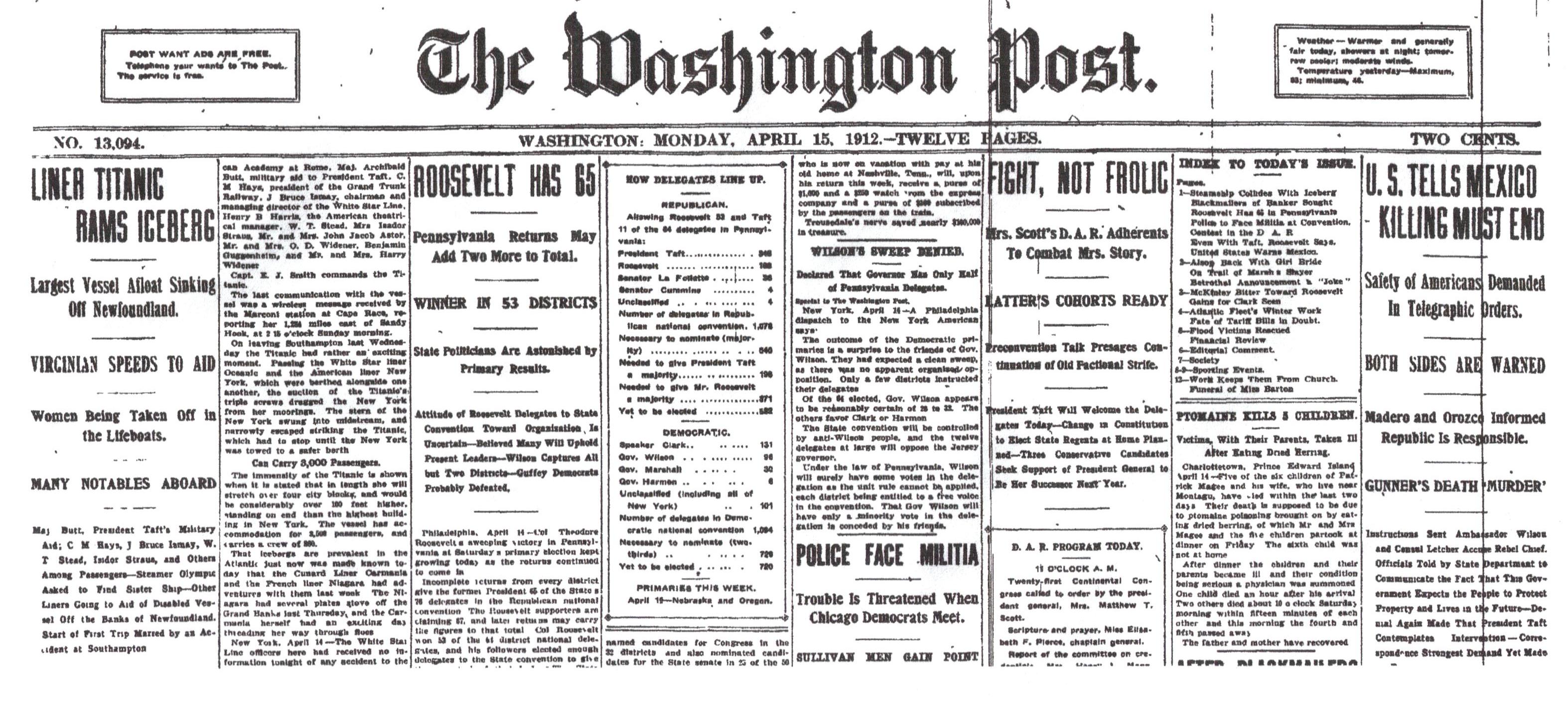 Washington Post, April 15, 1912. 
