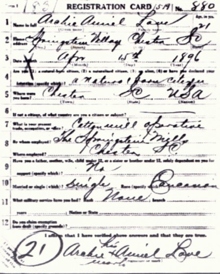 Archie Love's World War I draft registration. 