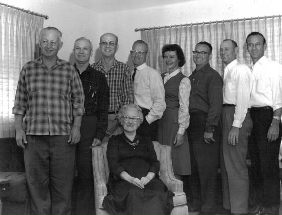 Ida Kirkpatrick and children (L-R): Otis, Edward, Vonnie, Ertle, Dovey, Arvie, Frank, and Everett, about 1951.