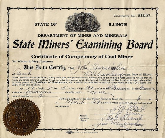 John Garavaglia's certificate as coal miner, at age 19. Provided by family.