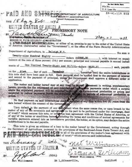 oan agreement between Nat Williamson and the FSA, paid off February 8, 1946.