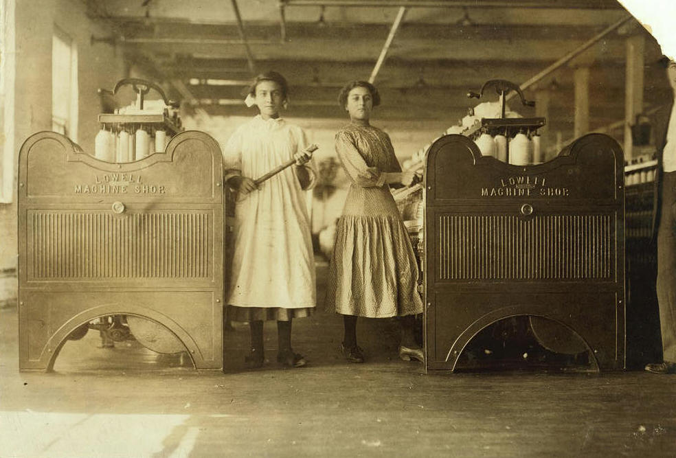Mamie (left), 13 yrs. & Eglantine Laberge, 15 yrs., Winchendon, MA, Sept. 1911. Photo by Lewis Hine.