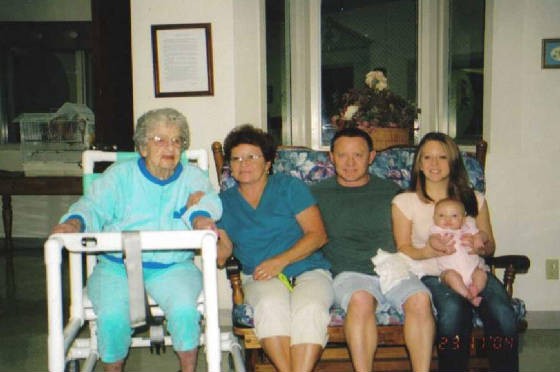 Left to right: Martha Rommel Karst, age 91, daughter Pat Speyer, grandson Gene, great-granddaughter Heather, and great-great-granddaughter McKenna. 2001