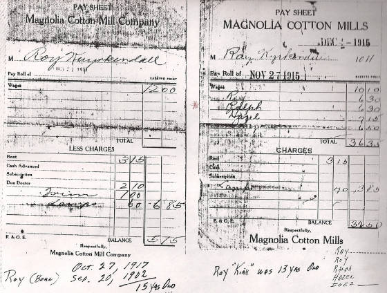 Magnolia Mills pay sheet for Kuyrkendall family. Provided by family.