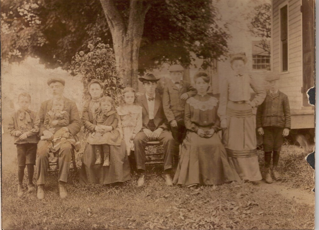 Goyette family in Winchendon, about 1905. Among them are father Frederick (second from left), mother Ozine (third from left), and daughter Rosina on her mother's left.