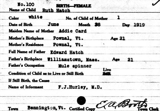 Ruth's birth certificate
