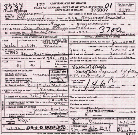 Henry Sharp Higginbotham's death certificate (note that his birthplace is listed as Navoo, Alabama)