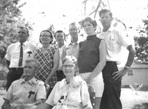 Hawkins and Eddie Lou Young Parker seated. Standing (L-R): children Hawkins Jr., Betty, Billy, Maurice, Thelma, Earl. At Hawkins and Eddie Lou Young Parker, 50th wedding anniversary, August 1970.