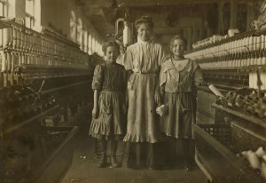 Rhodes Mfg. Co., Lincolnton, N.C. National Child Labor Committee. Girl on left said she was 10 years old and been in mill a long time more than a year. Spinner girl on right said she was 12 years. Location: Lincolnton, North Carolina, November 1908, Lewis Hine.
