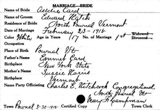 Addie's Marriage Record