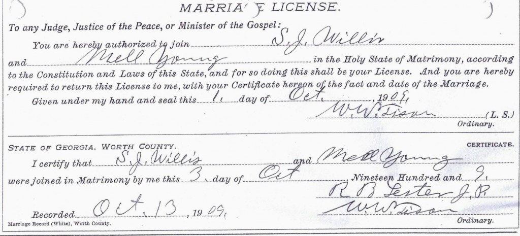 Mell and Samuel Willis Marriage License