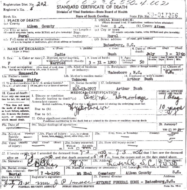 Sadie Phifer Bush's death certificate. Year of birth was probably 1899. 