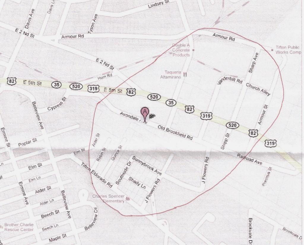 From Google Maps (2011), location of former Tifton Cotton Mills (red "A"), 