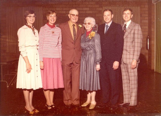 (L-R): Darlene, Delores, Forrest, Ruth, Dale, Duane, 50th wedding anniversary, 1977.