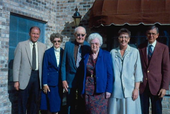 (L-R): Dale, Darlene, Forrest, Ruth, Delores, Duane, 61st wedding anniversary, 1988.