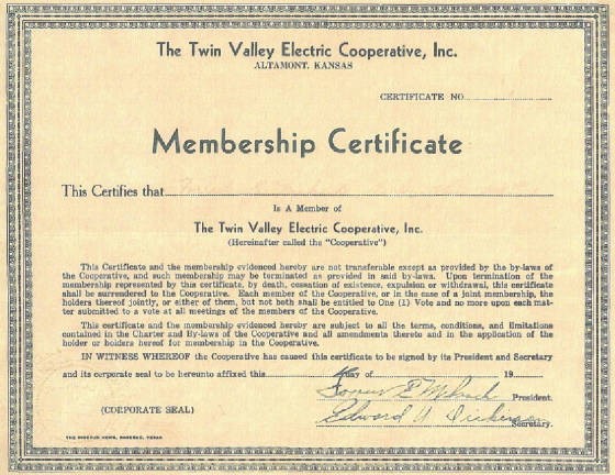 Forrest Miksch's certificate for Twin Valley Electric Co-op, 1947. Name and date have faded.