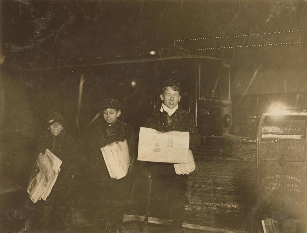 Guy Casaceli (center), 12 yrs old, Rochester, NY, Feb. 1910. Photo by Lewis Hine.