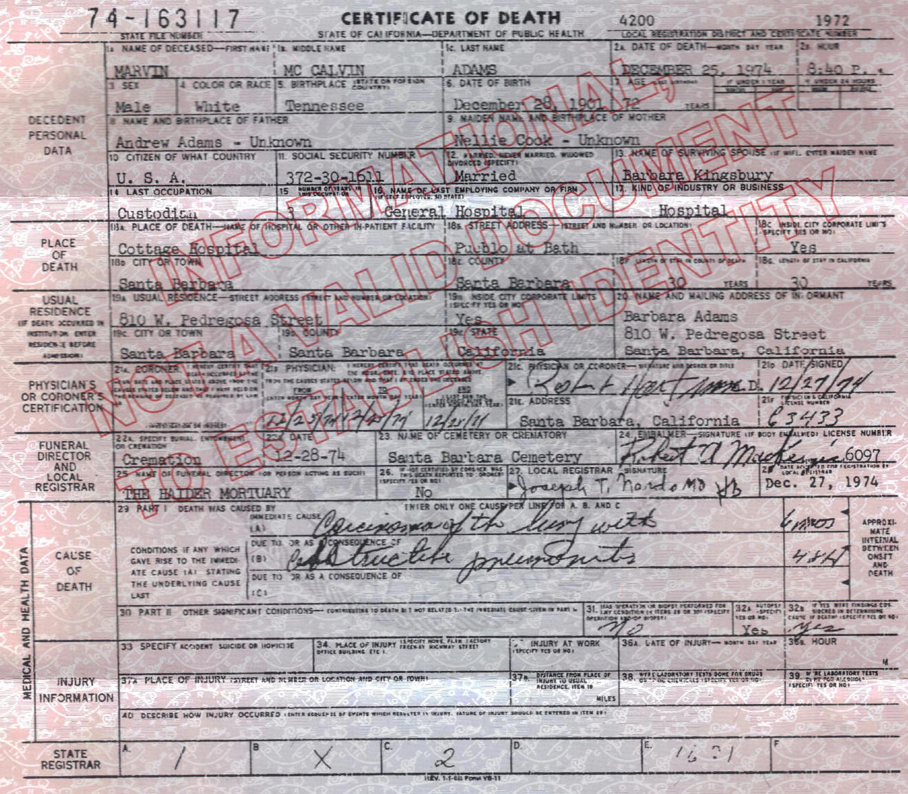 Death certificate for Marvin Adams.