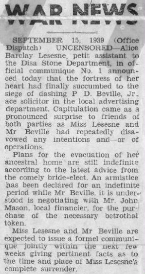 Newspaper engagement announcement in 1939. 