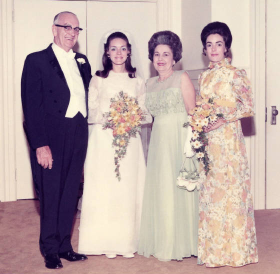 Linda Beville's wedding in 1972. (L-R): Phares Beville, Linda, mother Alice, and sister Barclay.