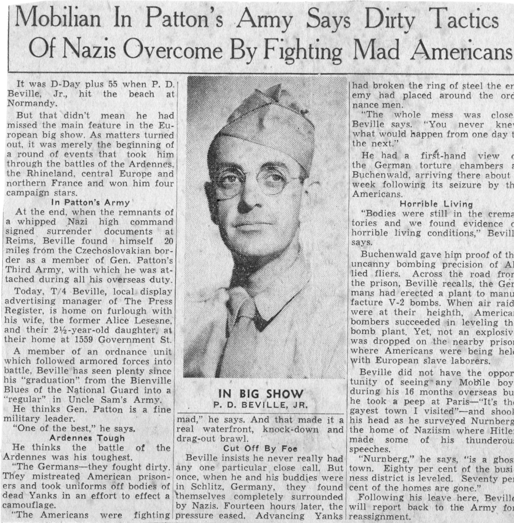 The following is a 1945 article about Phares Beville serving in World War II. It is a copy of a newspaper clipping provided by his daughter Linda Arnold.